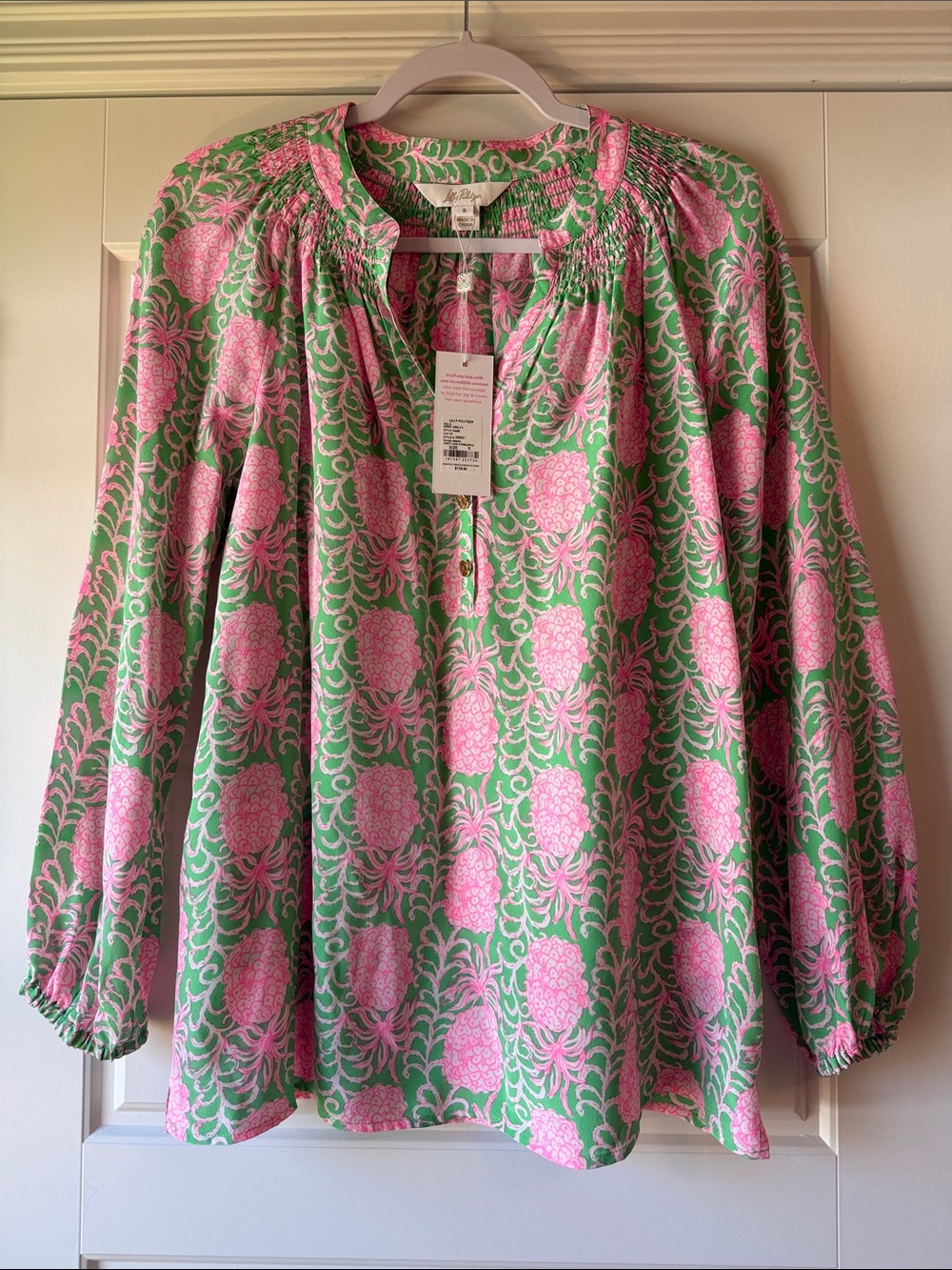 Lilly Pulitzer Pink & Green Floral Smocked-Neck Blouse